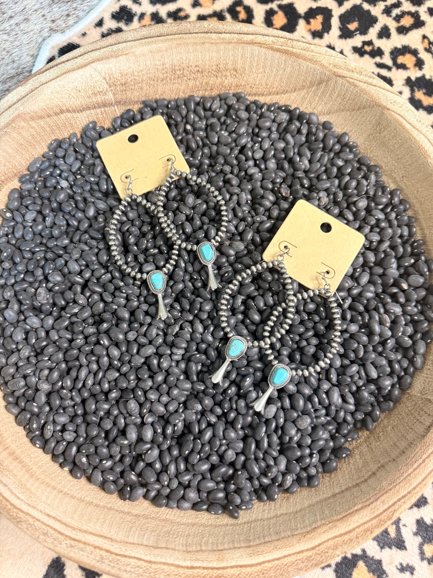 Gray Beads and Turquoise Flower Earrings