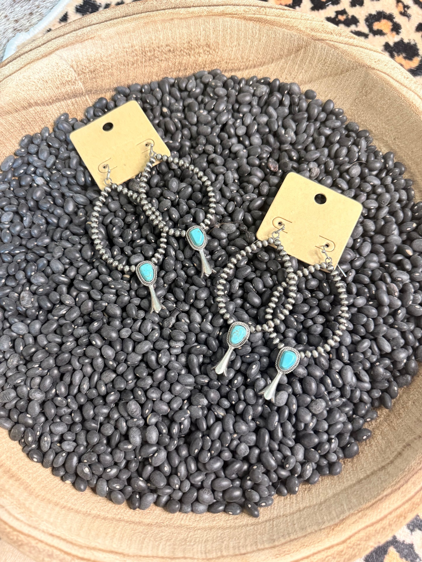 Gray Beads and Turquoise Flower Earrings