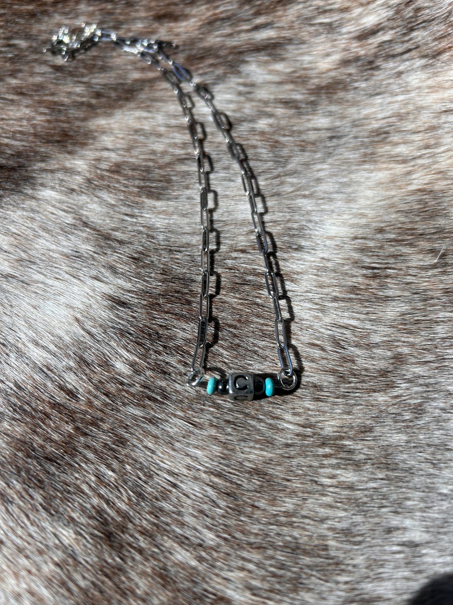 Initial Square Necklace with Turquoise