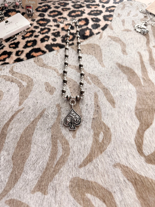 Leather Spade Pearl Necklace