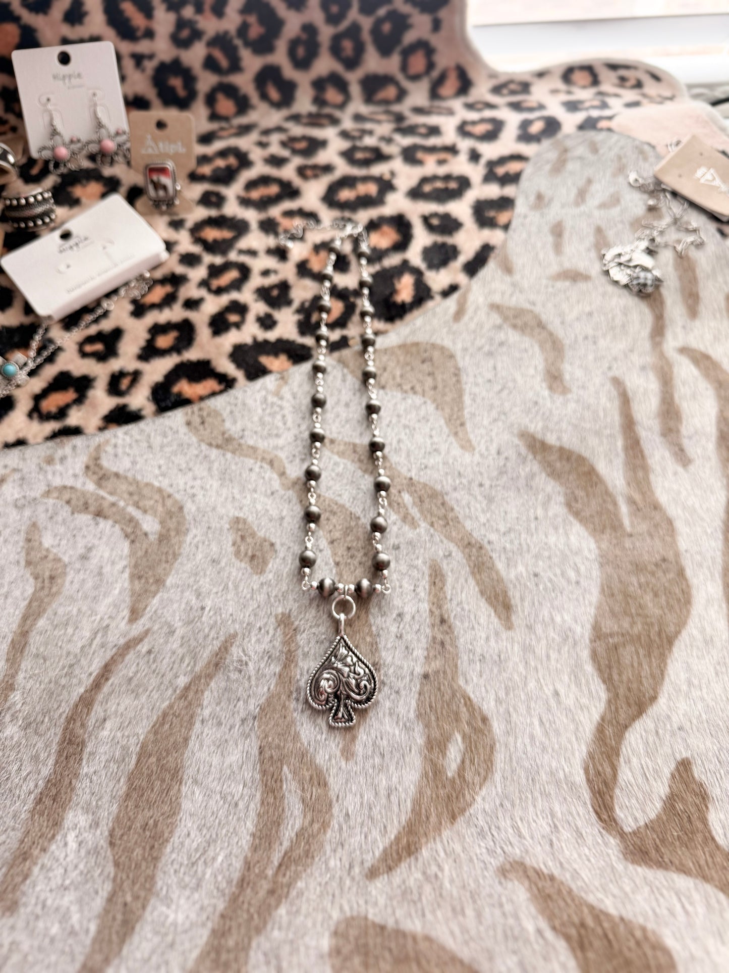 Leather Spade Pearl Necklace