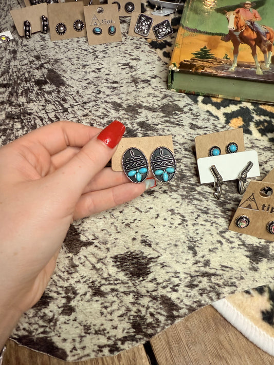 Oval BootStitch Turquoise Studs