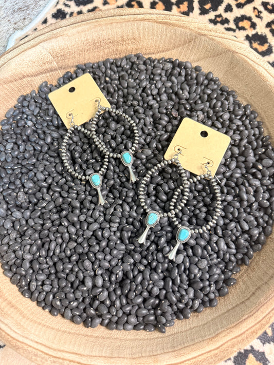 Gray Beads and Turquoise Flower Earrings