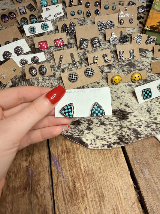 Triangle Checkered Turquoise Studs