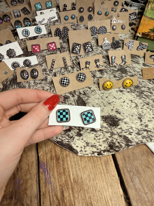 Square Checkered Turquoise Studs
