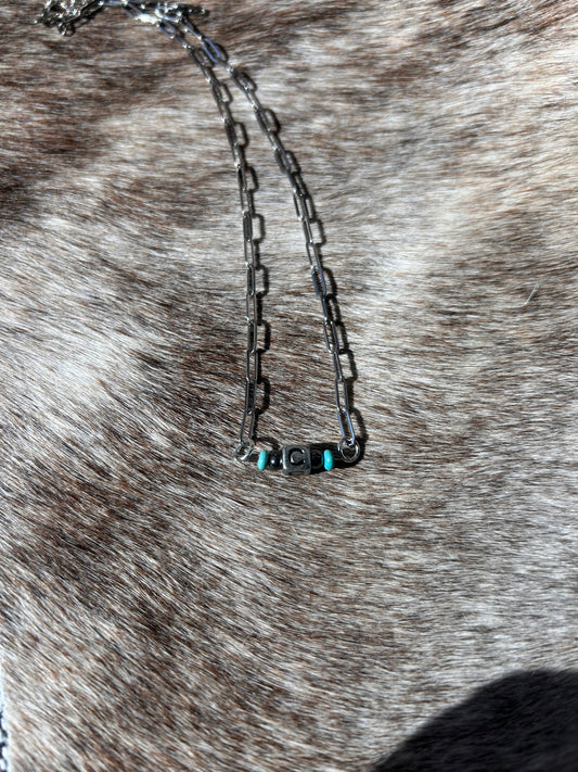 Initial Square Necklace with Turquoise