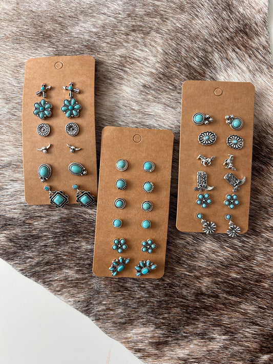 Earring Pack (All around turquoise, Boots and Horses, longhorns and shells)